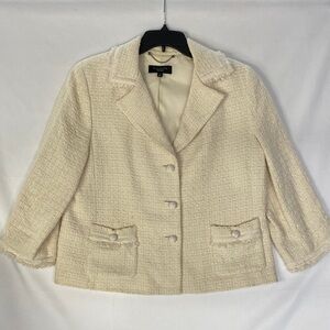 Talbots Women's Cream Tweed Blazer Beaded Buttons 3/4 Sleeves Size 14